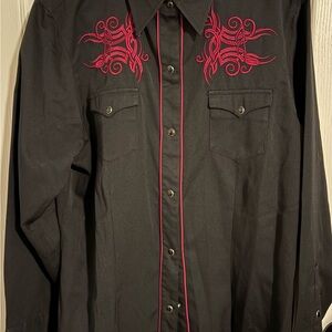 Roper Black Shirt with Red Embroidery and Guitars on back XL